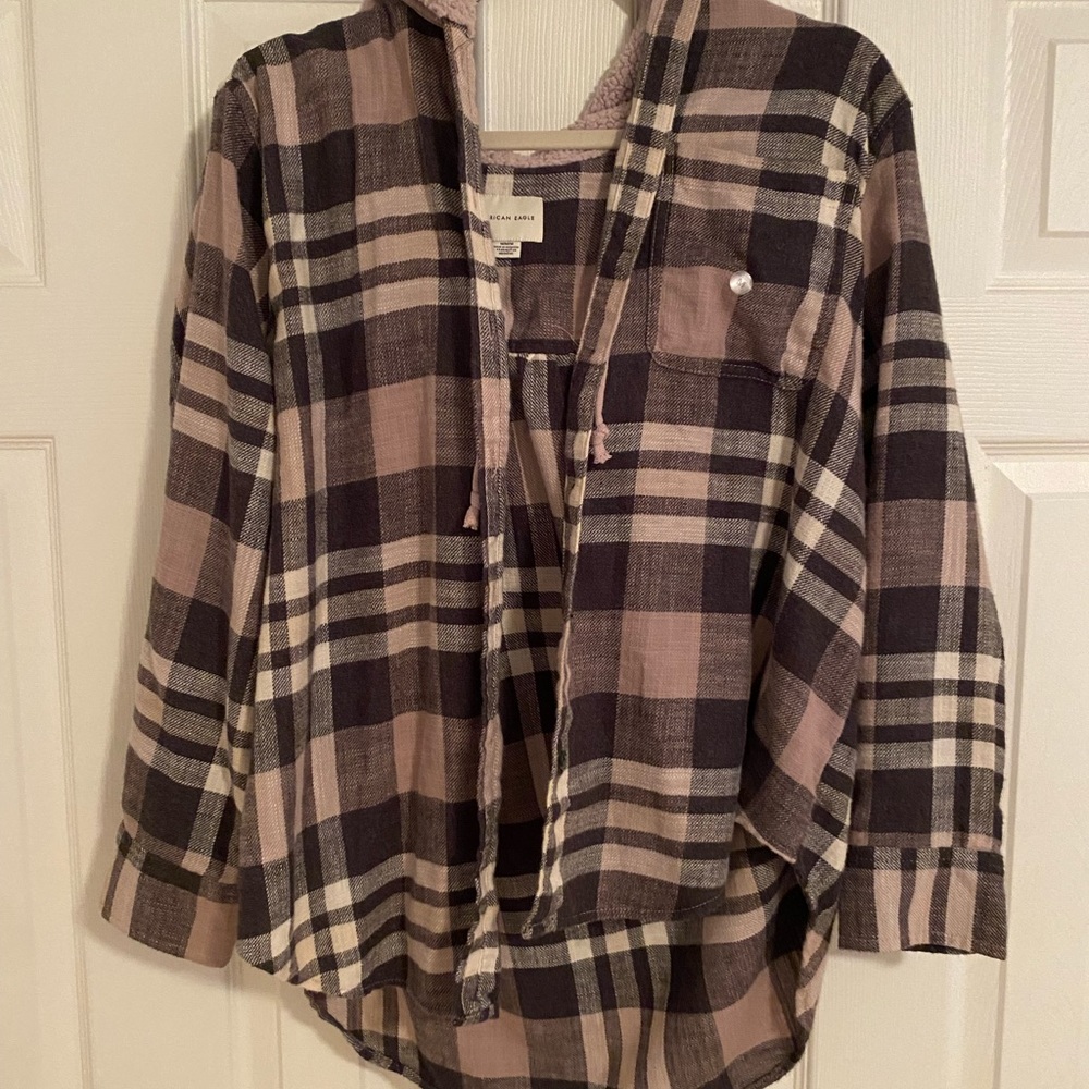 Button up flannel sweatshirt with sherpa hood.